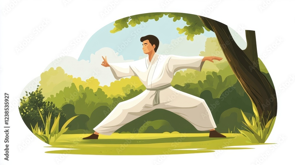 Male Martial Artist Practicing Karate in Nature with Green Background Male Martial Artist Practicing Karate in Nature with Green Background