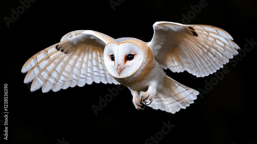 Barn owl in flight, black background, wildlife photography, nature image
