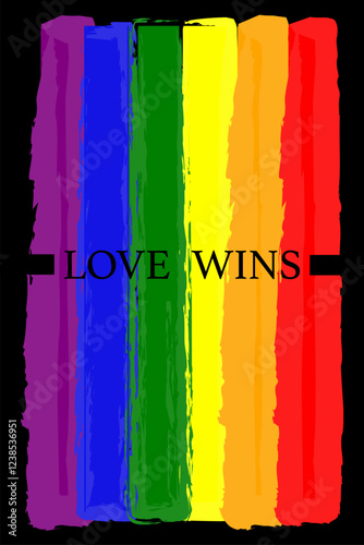 Love Wins watercolor flag poster design for celebration of LGBTI rights and parades with rainbow colors. Hand drawn colorful lgbt banner brush strokes. Vector isolated on black background