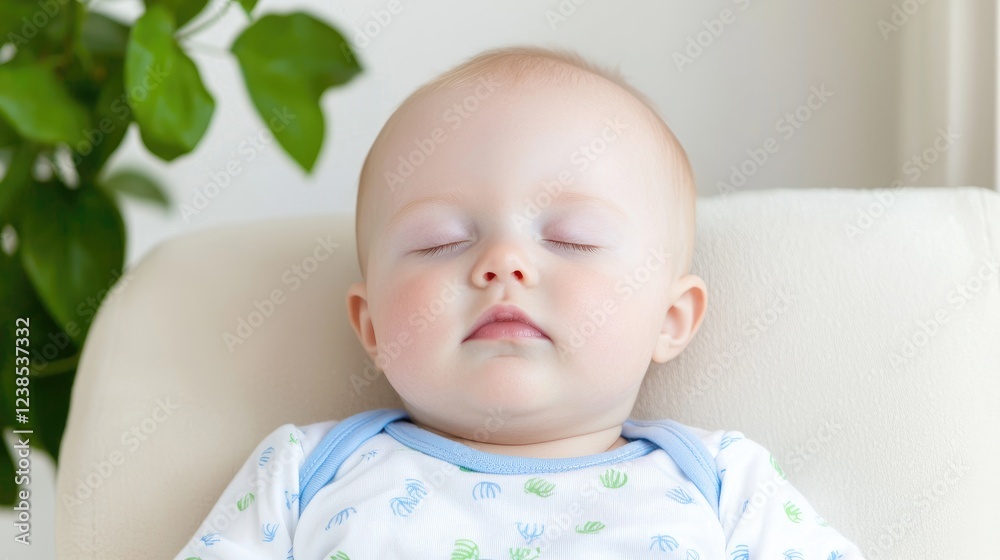 Baby sleeping peacefully in high chair, plants in background; newborn care imagery Baby sleeping peacefully in high chair, plants in background; newborn care imagery