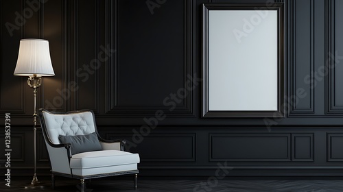 Fototapeta Naklejka Na Ścianę i Meble -  interior of a room and frame 3d render design. 3d frame mockup design. Luxurious Black Interior with Elegant Armchair and Floor Lamp mockup design