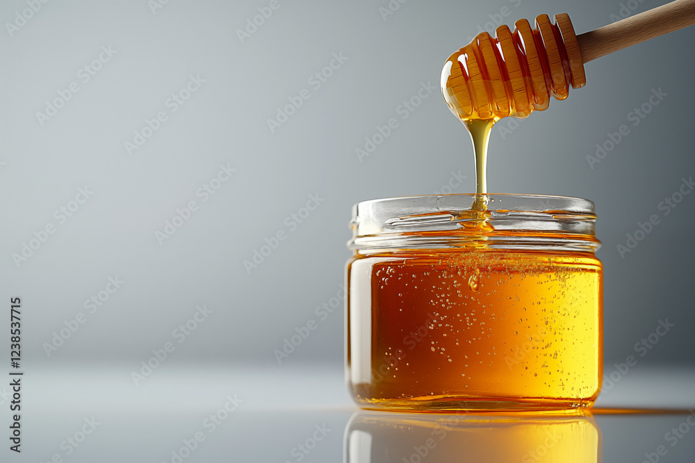 Honey in a glass jar and dipper. Generative AI Honey in a glass jar and dipper. Generative AI