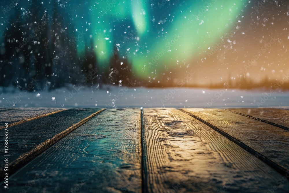 Snowy wooden planks with a breathtaking aurora borealis in the background, creating a magical winter scene.