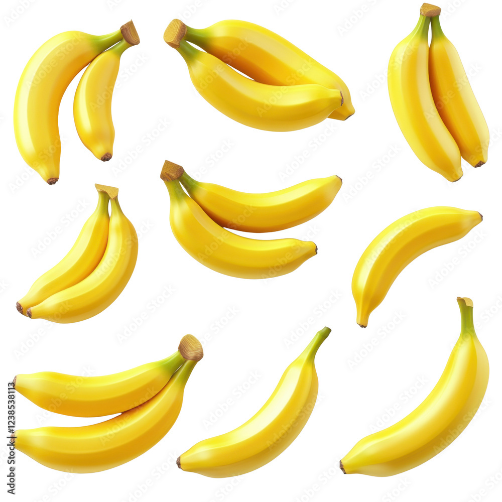 Assorted Fresh Bananas in Various Arrangements on White Background Assorted Fresh Bananas in Various Arrangements on White Background