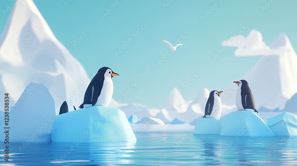Fototapeta premium Penguins on icebergs in a minimalist polar landscape with a gull flying