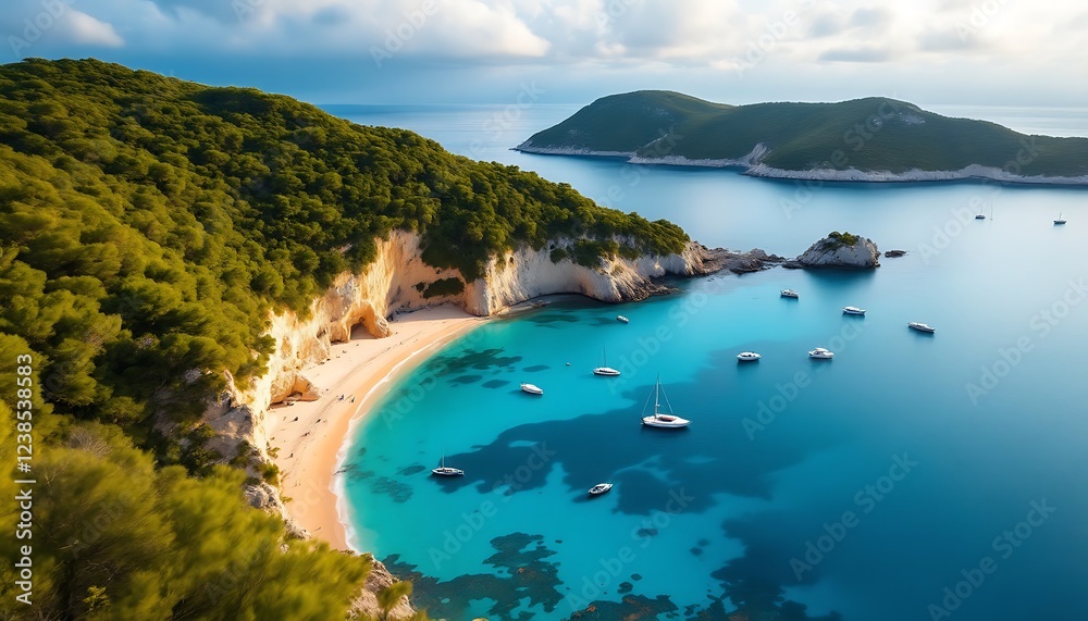 Secluded Beach Cove Turquoise Water Boats Scenic Landscape Secluded Beach Cove Turquoise Water Boats Scenic Landscape