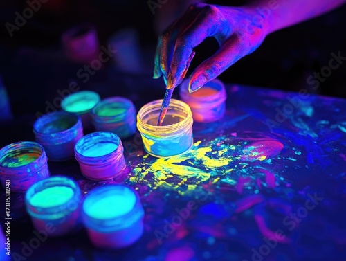 Glowing paints with artist hand in dark background with creative colors