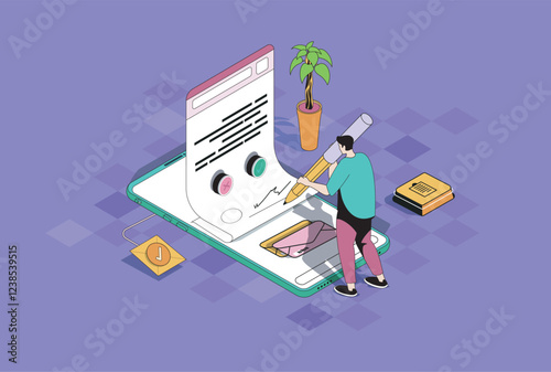 Electronic contract web concept in 3d isometric graphic design. Isometry people scene with businessman signing agreement legal document in digital form with safety verification. Vector illustration.