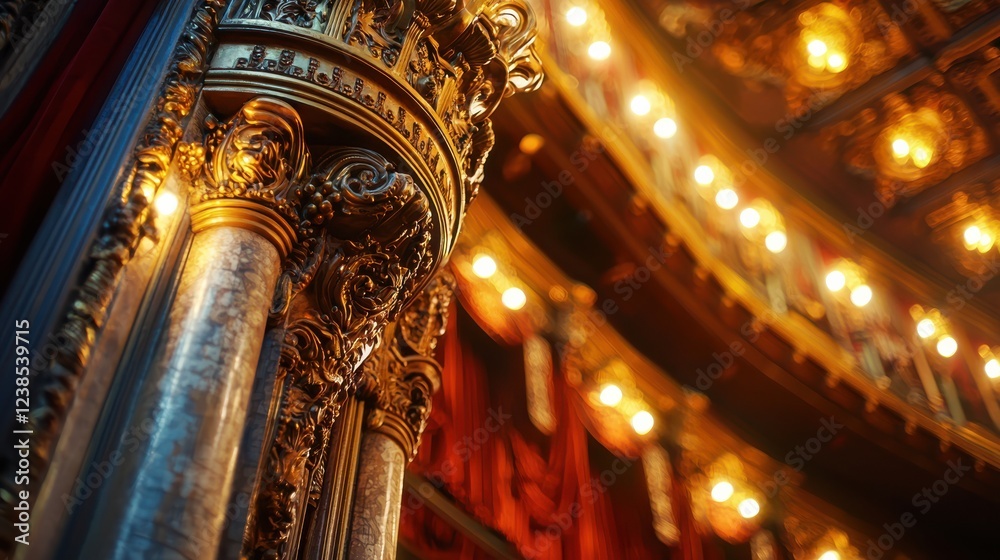 Obraz premium close up of vintage theater architecture showcasing ornate columns and warm lighting, creating inviting and nostalgic atmosphere