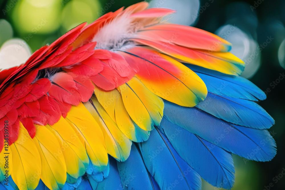 Fototapeta premium Spread wings of a scarlet macaw in sharp detail, showing the vibrant feather structure.