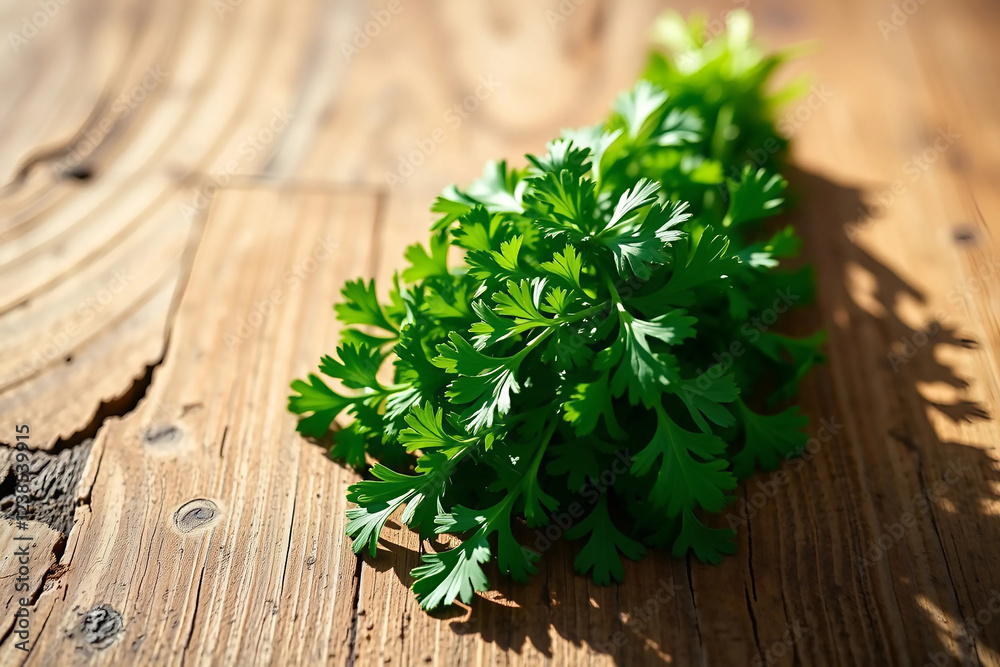 Fresh Parsley Leaves on Wooden Surface Fresh Parsley Leaves on Wooden Surface