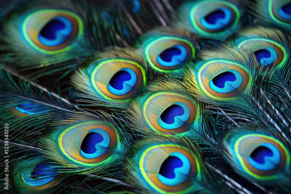 Obraz premium Beautiful peacock feathers with iridescent green and blue patterns forming mesmerizing eye spots.