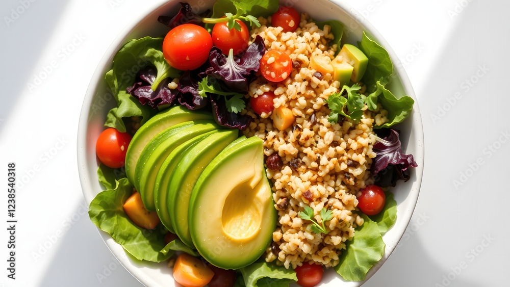 Bowl of healthy food including avocado, greens, vegetables and porridge.