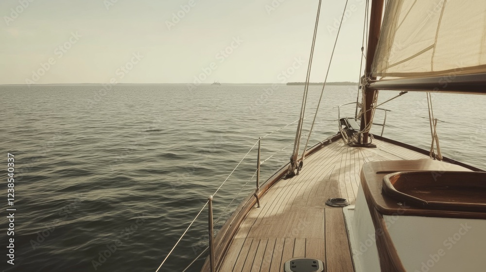 Fototapeta premium Sailing yacht deck, ocean voyage, calm sea, sunset