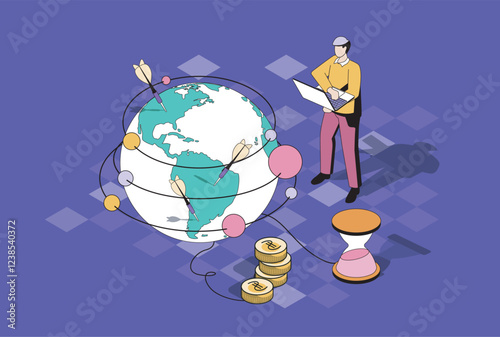 Global strategy web concept in 3d isometric graphic design. Isometry people scene with man developing worldwide business, planning company branches open and developing processes. Vector illustration.