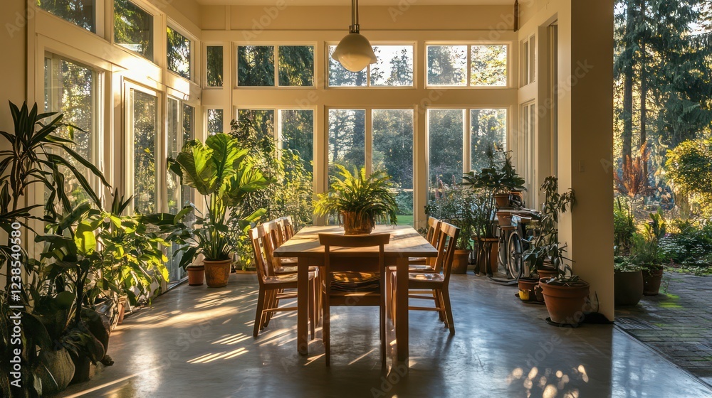 A spacious sunlit dining area with simple wood furniture, potted plants, and large windows