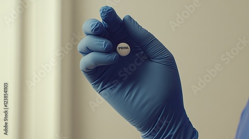 Gloved hand holding a single pill labeled prink