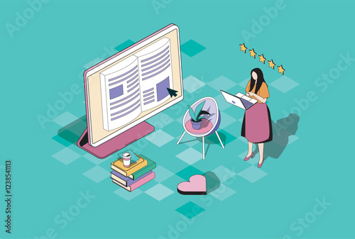 Online reading web concept in 3d isometric graphic design. Isometry people scene with woman reading e-book or textbook at laptop, buying electronic literature at online bookstore. Vector illustration.