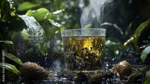 A steaming glass of South American yerba mate with condensation, surrounded by water splashes
