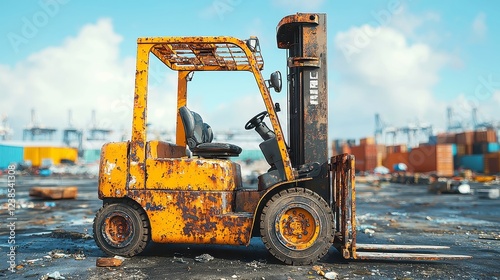 Rusting Forklift Abandoned in Shipping Yard, neglected machinery, industrial decay, empty space, weathered metal, quiet solitude, remnants of labor, forgotten workhorse photo