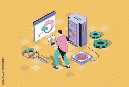 Seo optimization web concept in 3d isometric graphic design. Isometry people scene with man making data analysis, selecting keywords and optimizes site rating and traffic growth. Vector illustration.