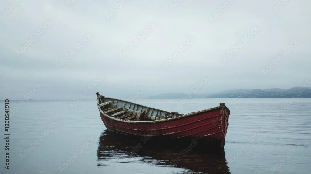 Solitary red boat on calm lake, misty background; travel, nature photography Solitary red boat on calm lake, misty background; travel, nature photography
