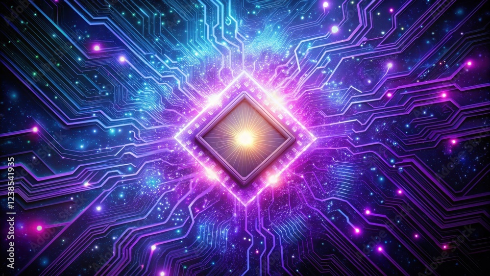 Glowing Circuit Board with Microchip at Center Glowing Circuit Board with Microchip at Center