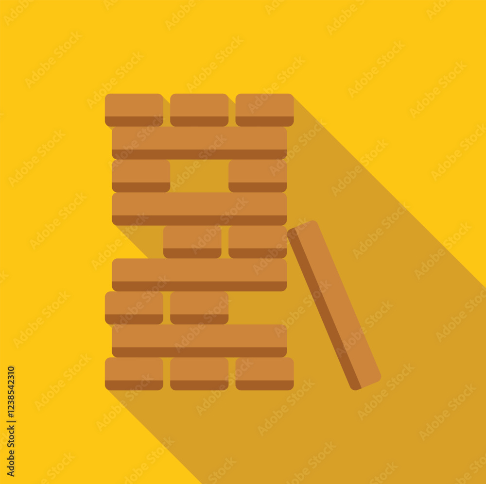 Wooden block game falling on a yellow background with long shadow Wooden block game falling on a yellow background with long shadow
