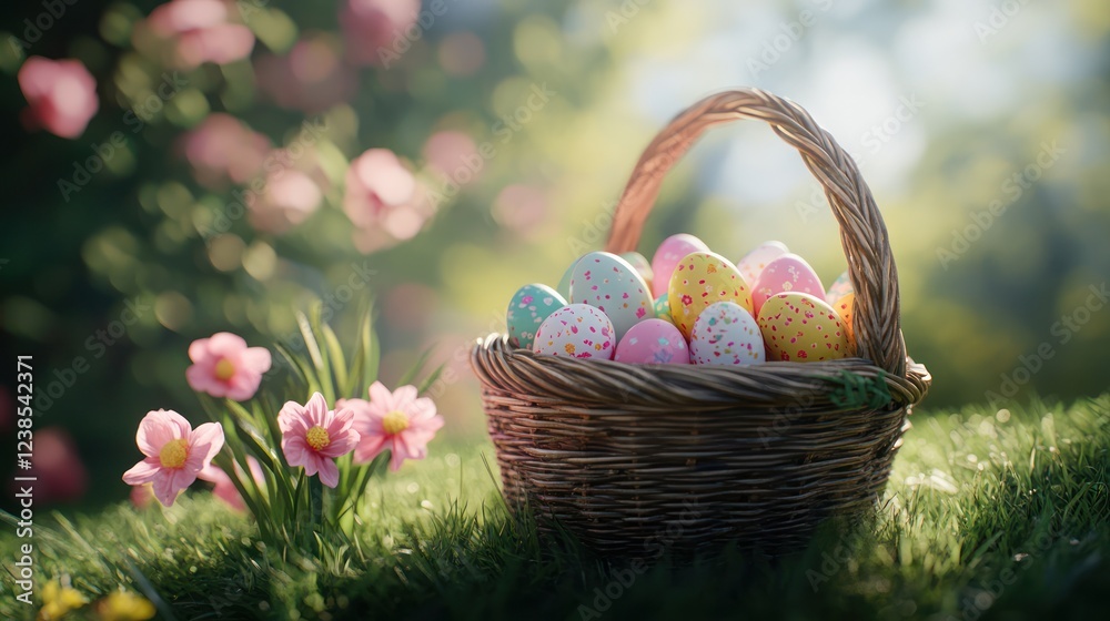 Easter eggs basket spring garden sunlight Easter eggs basket spring garden sunlight