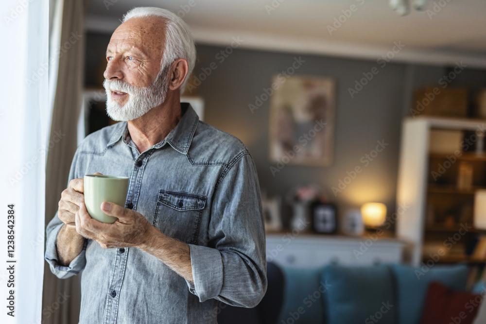 Shot of a senior man having a cup of coffee at home. Portrait of a senior man standing on the balcony and looking through window, holding a cup of coffee or tea. Male is having refreshment at home. Shot of a senior man having a cup of coffee at home. Portrait of a senior man standing on the balcony and looking through window, holding a cup of coffee or tea. Male is having refreshment at home.
