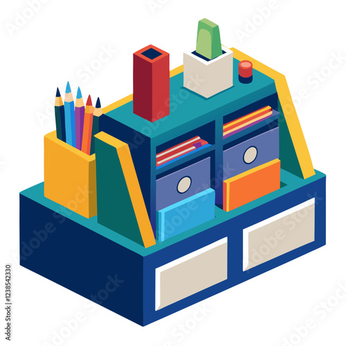This desk organizer features a colorful design stocked with various supplies. It includes compartments for pens, notepads, and other essential stationery items, enhancing workspace efficiency