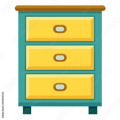A drawer unit features three bright yellow drawers and a natural wood top. This piece stands on small legs and adds a cheerful touch to any space