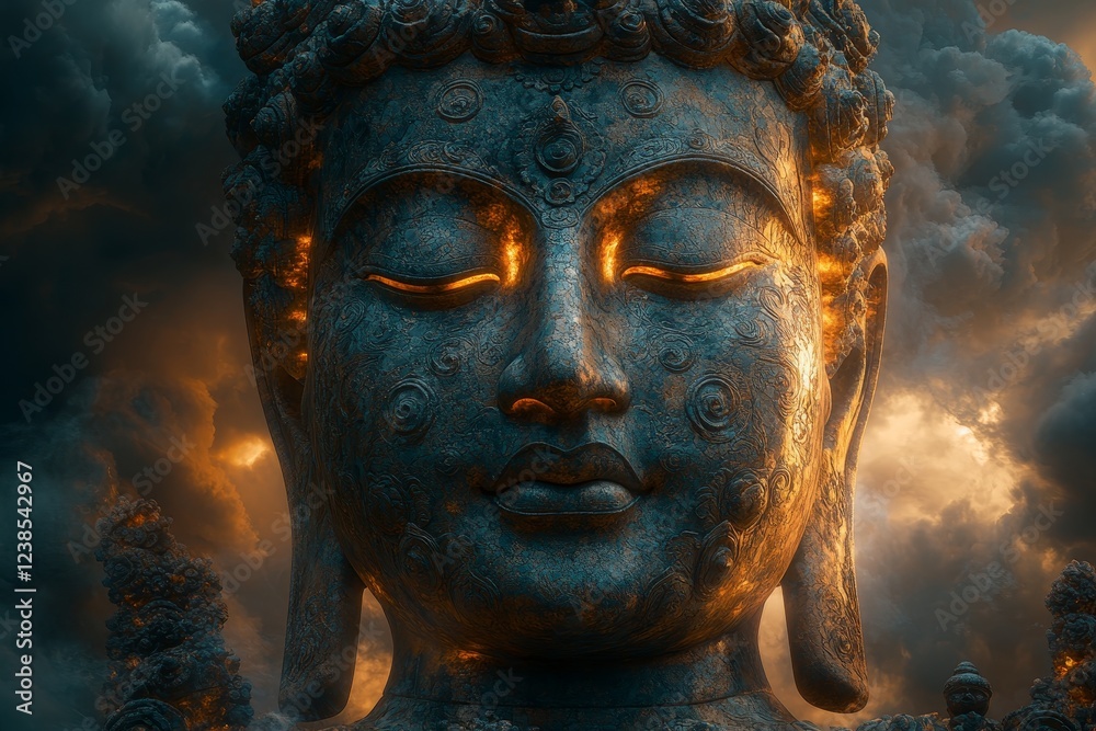 Serene Buddha statue amidst fiery clouds Serene Buddha statue amidst fiery clouds