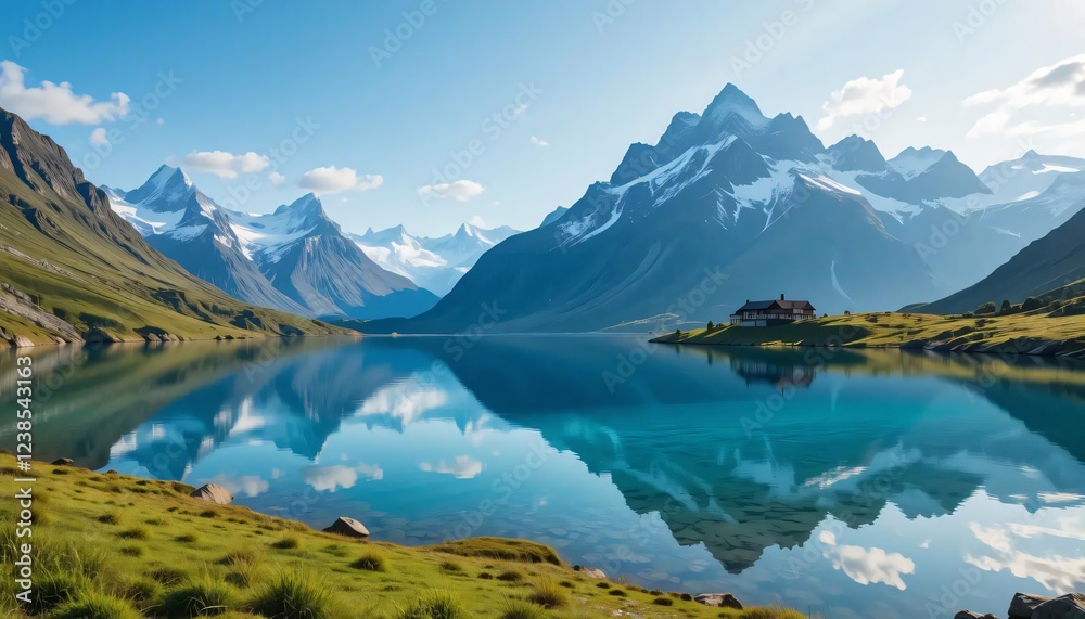 Serene Mountain Lake Landscape Stunning Reflection of Snow Capped Peaks and Lakeside Cabin Serene Mountain Lake Landscape Stunning Reflection of Snow Capped Peaks and Lakeside Cabin