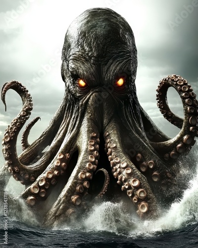A colossal dark grey octopus emerges from stormy ocean water, its glowing orange eyes glaring intensely. Dark clouds fill the sky, adding to the