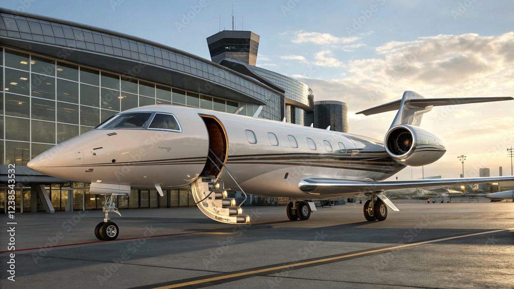 An image showcasing a private jet at an airport terminal, highlighting the luxury and convenience of private aviation An image showcasing a private jet at an airport terminal, highlighting the luxury and convenience of private aviation