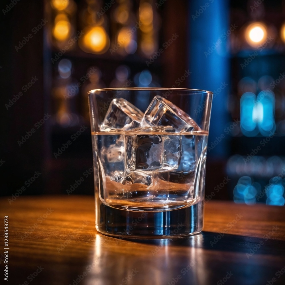 a vodka glass on mahogany bar in dim light, on the rock a vodka glass on mahogany bar in dim light, on the rock