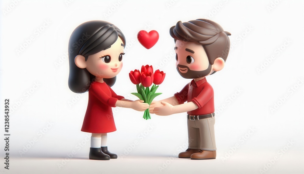 Romantic gift exchange between couple home setting digital art cute characters heartfelt concept