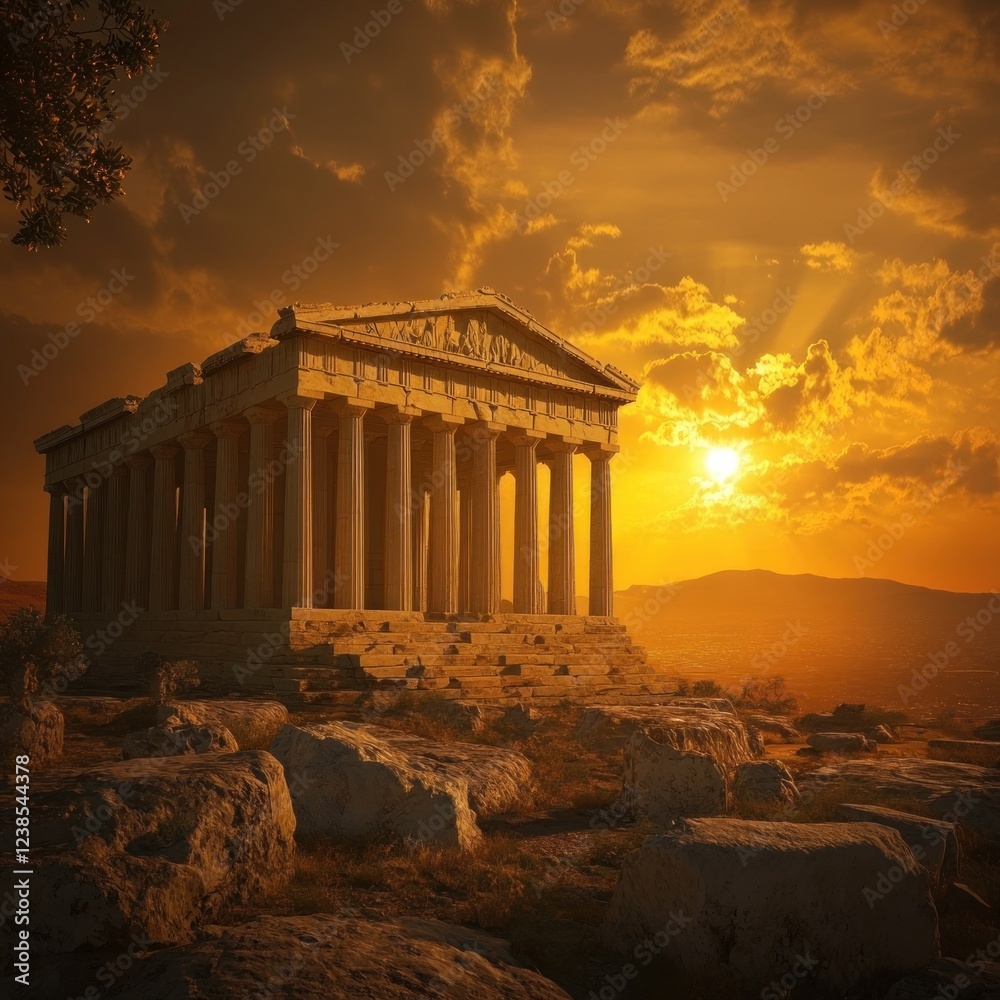 Fototapeta premium Ancient Greek Temple Sunset Golden Hour