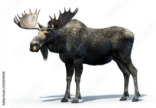 Male moose standing against a white background, dark brown fur with white speckles, large antlers, detailed rendering photo