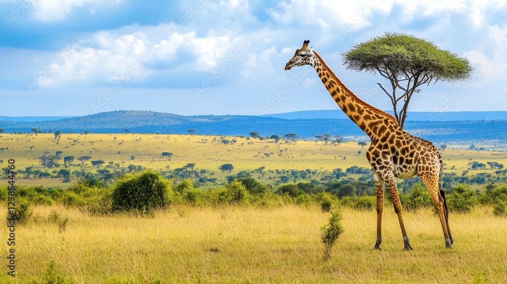 Obraz premium A giraffe elegantly navigating the savannah, showcasing its majestic neck amidst lush scenery