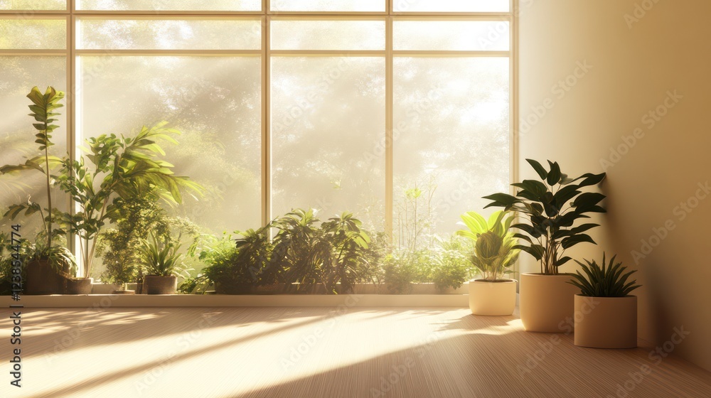 Fototapeta premium A sunlit minimalist room with light wood flooring, potted plants, and large windows