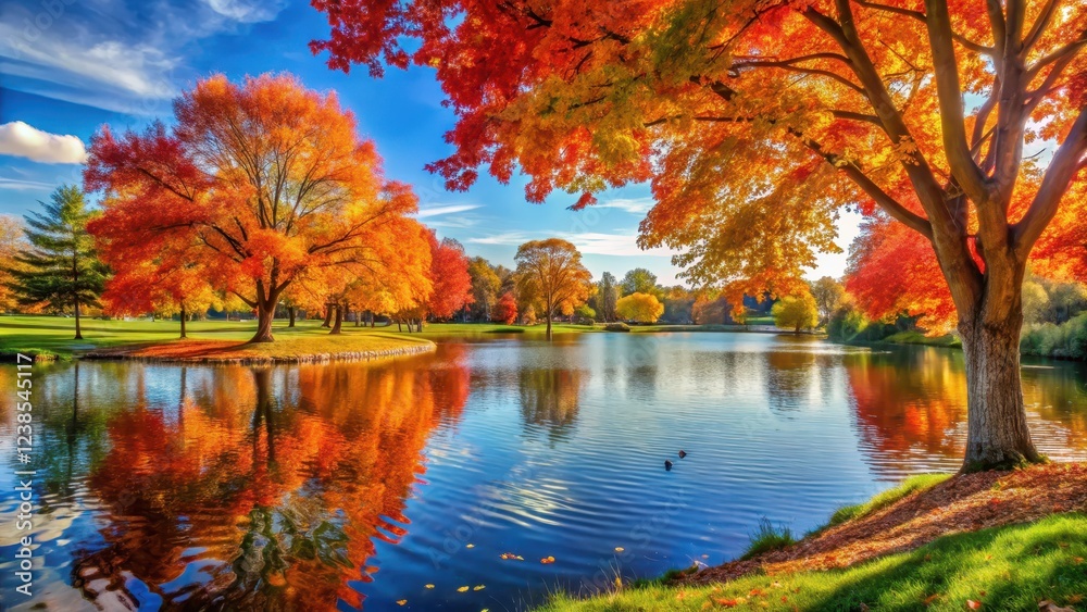 Fototapeta premium A serene lake in a sunny park surrounded by vibrant autumn colors with maple trees displaying brilliant oranges and reds, autumn leaves, tree against sky