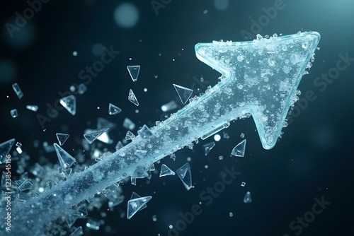 A shattered glass arrow frozen in time, surrounded by floating shards.