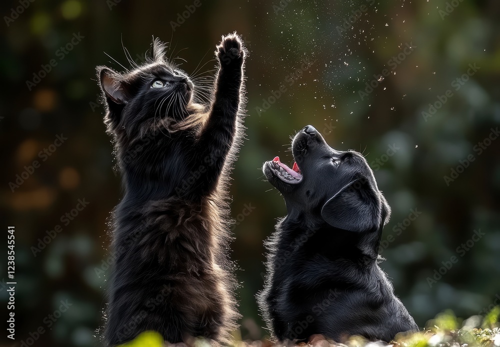 Playful black kitten and black Labrador puppy interact outdoors, water droplets suspended in the air, backlit by sunlight Playful black kitten and black Labrador puppy interact outdoors, water droplets suspended in the air, backlit by sunlight