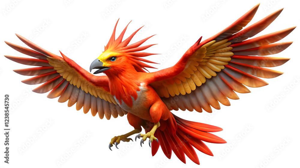 Fototapeta premium A colossal Thunderbird, with wings spanning over 30 feet, and vibrant red, orange, and yellow feathers. Isolated on a white background. For Gaming and Fantasy projects. 