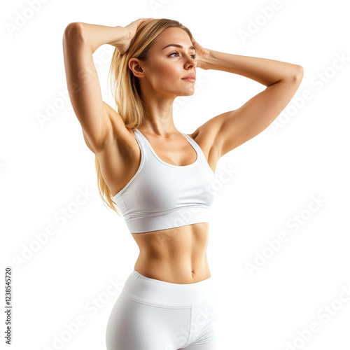 A fit blonde woman in white sportswear poses, showcasing her toned physique and athletic build.