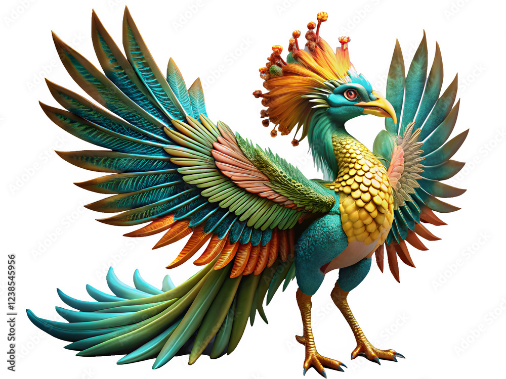 Obraz premium A vibrant and majestic Simurgh, a Persian mythical bird with the body of a peacock and the head of a lion. Isolated on a white background. For Gaming and Fantasy projects. 
