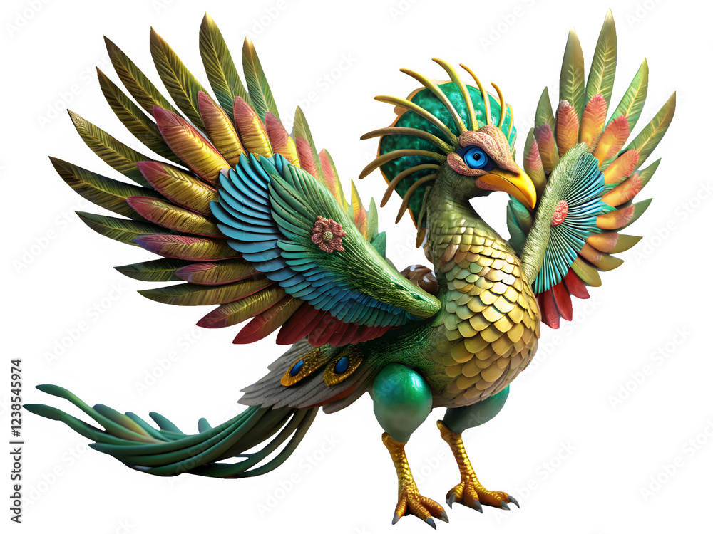 Obraz premium A vibrant and majestic Simurgh, a Persian mythical bird with the body of a peacock and the head of a lion. Isolated on a white background. For Gaming and Fantasy projects. 