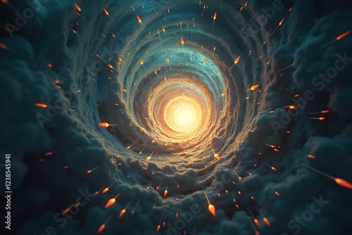 A twisting vortex of arrows in a surreal dreamlike space. 